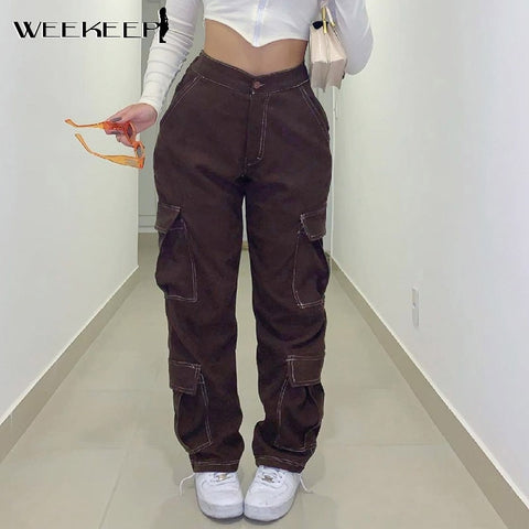 Sonicelife Weekeep Vintage Brown High Waist Cargo Pants Women Fashion Big Pockets Patchwork Baggy Denim Jeans Harajuku Trousers Streetwear