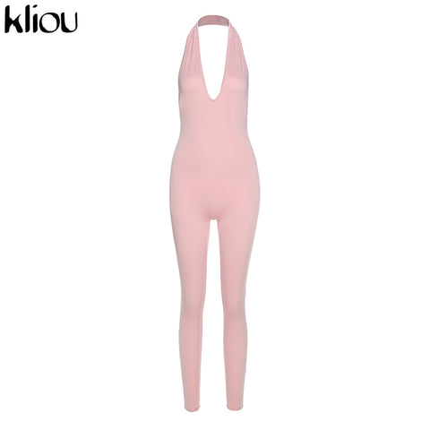 Sonicelife Kliou halter women activewear v-neck  bandage sleeveless jumpsuit skinny rompers solid elastic bodycon fitness casual outfit