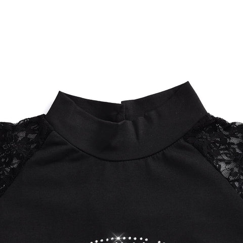 Women Turtleneck Lace Patchwork Long Sleeve Shirts 2023 Spring Autumn Ladies Casual  Tops Black Y2k Skull Print Streetwear