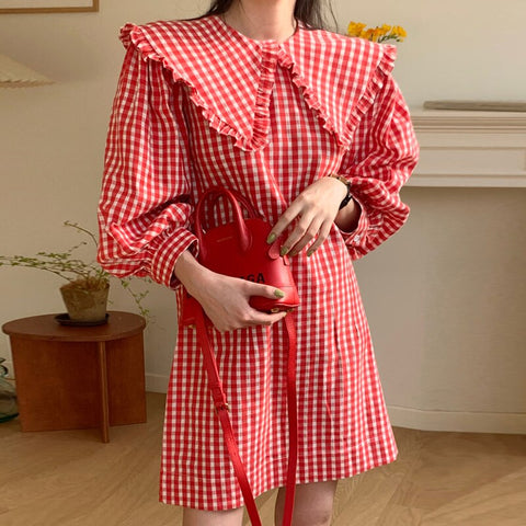 Sonicelife Sonicelofe 2024 Doll Collar Loose Puff Sleeve Plaid Loose Women Dress