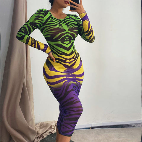Sonicelife  Women Autumn Long Sleeve Printed Mesh See Through Bodycon Dress 2024 Fall Female Clothing Streetwear  Items