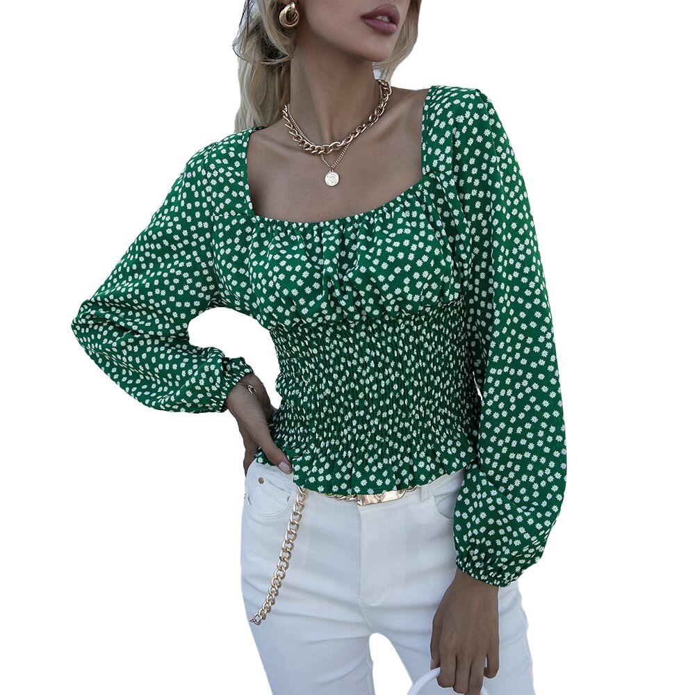 Sonicelife Women Long Sleeve Square Collar Tops Floral Print  Chic Lantern Sleeve Pullover Ladies Slim Fit Shirts Polka Dot Blouse