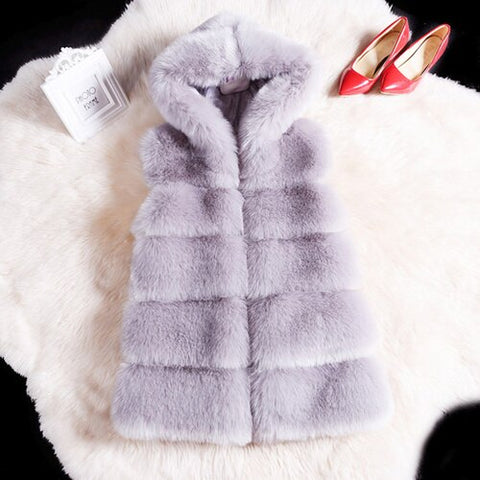 2023 Winter Sleeveless Faux Fur Coat with Hood Gilet Artificial Fox Fur Jacket Female Solid Color Loose Fur Warm Vest for Women