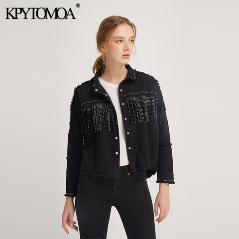 KPYTOMOA Women Fashion Tassel Beaded Oversized Denim Jacket Coat Women Vintage Long Sleeve Frayed Hem Female Outerwear Chic Tops