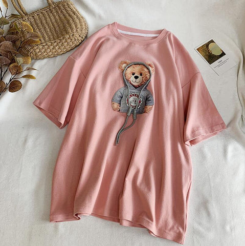 Sonicelife Harajuku Womens T-Shirts Oversized Couple Tee Cute Diamonds Rope Bear Tshirt Summer Loose Casual Kawaii Crew Neck Tops Plus Size