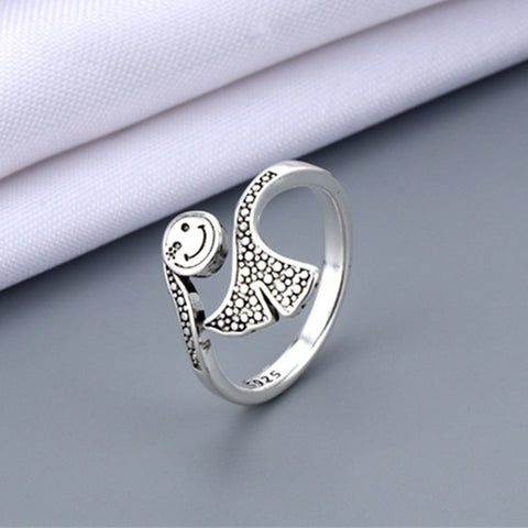 Vintage Ancient Silver Color Happy Smiling Face Open Rings for Women Punk Hip Hop Adjustable Ring Fashion Jewelry Best Gift