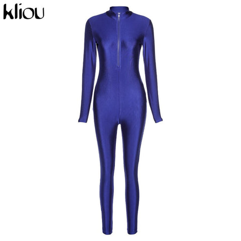 Kliou Zipper Solid Bodycon Womens Jumpsuit New Fashion Streetwear Skinny Long Sleeve One Piece Active Jumpsuits