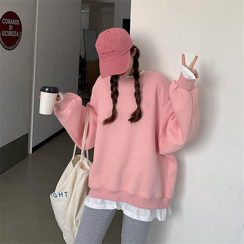 Sonicelife Crewneck Letter Embroidery Long Sleeves Sweatshirt Women Harajuku Hoodie Korean Solid Color Fashion Oversize Tops Women Clothing