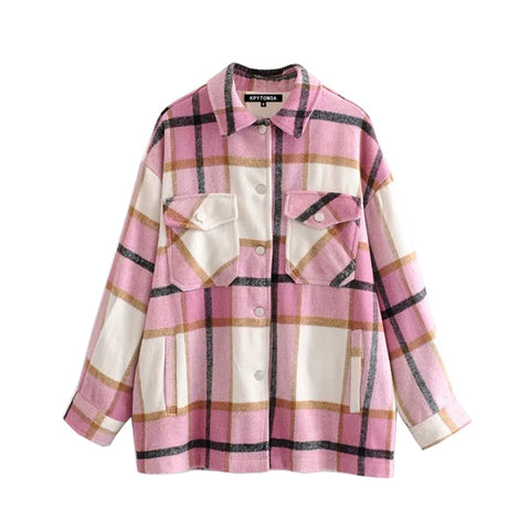 Sonicelife Vintage Stylish Pockets Oversized Plaid Jacket Coat Women 2024 Fashion Lapel Collar Long Sleeve Loose Outerwear Chic Tops