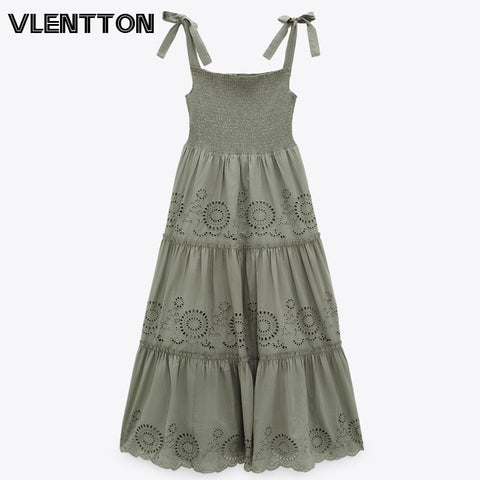 2023 Spring Summer Women  Hollow Backless Sling Midi Party Dress Fashion Patchwork Embroidery Boho Dresses Ladies Vestidos