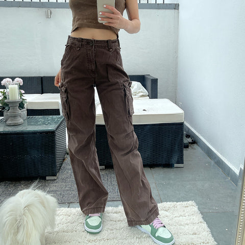 Sonicelife Streetwear Baggy Denim Jeans Women High Waist Pockets Patchwork Casual Cargo Pants Harajuku Vintage Brown Straight Jeans