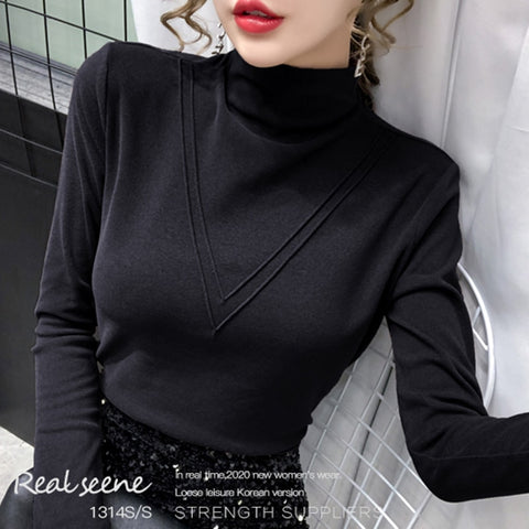 Sonicelife Christmas Gift turtleneck slim fit tshirt femme cotton tee shirt camisas mujer 2024 t-shirt thicken t shirt long sleeve tops womens clothing