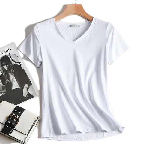 Christmas Gift AOSSVIAO V-Neck T Shirt Women Summer Tops 2021 Short Sleeve Tshirt Female Korean Fashion Cotton T-Shirt White Plus Size