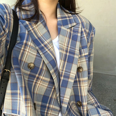 Sonicelife Jackets for Women 2024 Green Plaid Double Breasted Blazer Suit Office Ladies Pockets Female Suits Coat Spring Women's Blazers