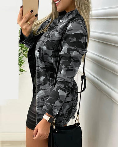 Sonicelife 2023 Fashion Turn Down Collar Camouflage Print Buttoned Pocket Design Coat Womens Autumn Long Sleeve Jackets Casual Ladies Tops