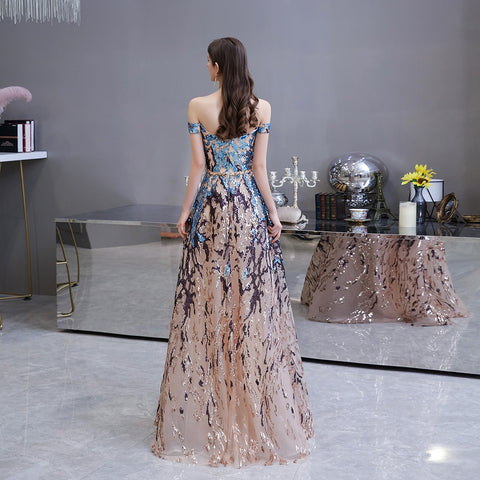 Sonicelife  Sweetheart Evening Dresses Off the shoulder A-Line Colorful Sequin Formal Dress Long Prom Gowns