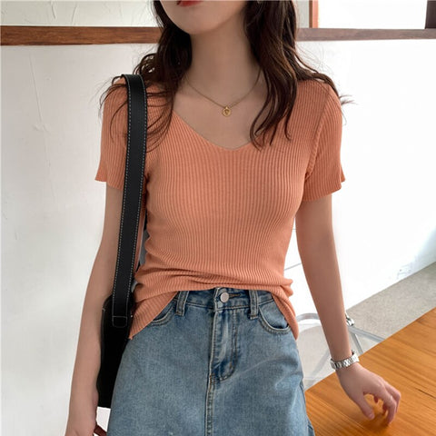 Sonicelife Christmas Gift AOSSVIAO 2024 Basic V-neck Solid Thin Summer Pullover Women Female Knitted Ribbed Sweater Slim Short Sleeve Bodycon Sweater