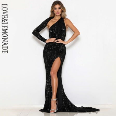 LOVE&LEMONADE   Open Back Single Sleeve Slim Fit Elastic Sequined Fabric Bodycon Going Out Long Dress LM81333-2 NAVY
