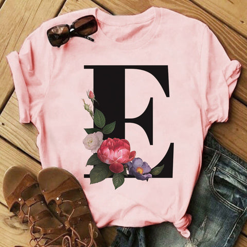 26 Letter Alphabet A-Z Women T-Shirts Fashion Breathable Flowers Short Sleeve Casual Tops Couple Basic Tee Crew Neck Clothes Top