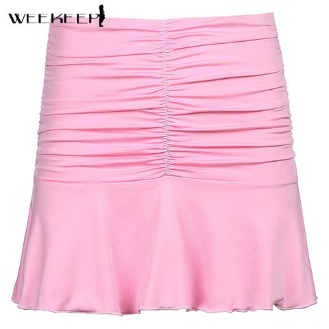 Weekeep Summer Ruched Pleated Skirt Women High Waist Fashion 90s Mini Skirts Lady Elegant 2021 New Beach Streetwear Clothes 2021