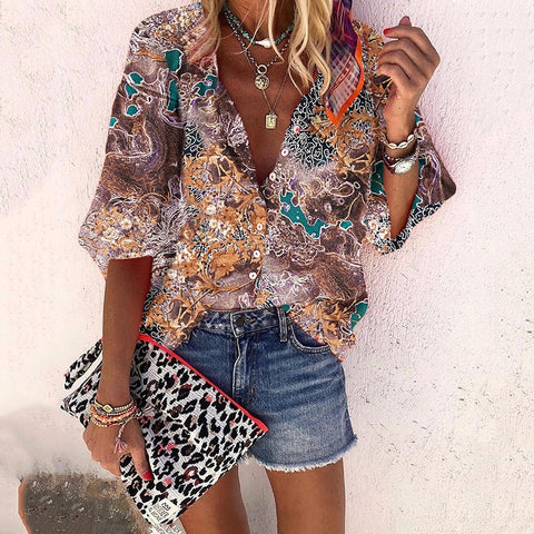 Large size loose women blouse 2023 summer V-neck printed women blouse tops fashion casual five-point sleeve women shirts