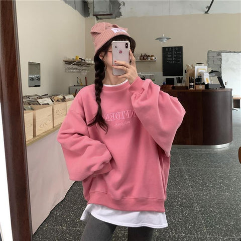 Sonicelife French Vintage Full Sleeve Sweatshirt Streetwear 2024 New Trendy Loose Fake Two Pullover 90s Embroidered Round Neck Women Hoodie