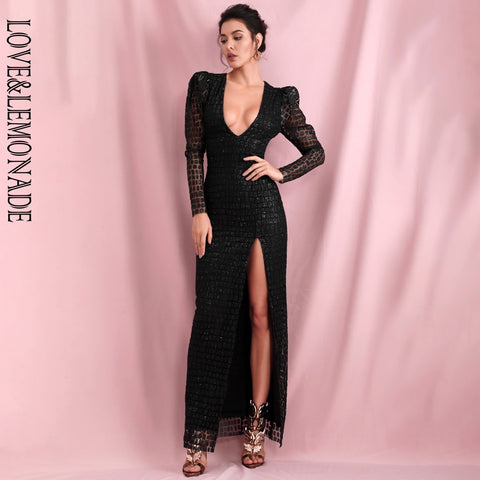 LOVE & LEMONADE  Black V-Neck Bubble Long Sleeve Whit Split Glitter Glue Material Party Maxi Dress LM82256