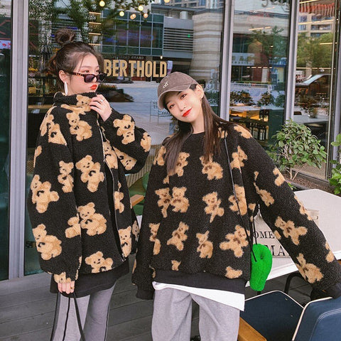 Cute Bear Women Hoodies Oversized Couple Chic Zip Up Sweatshirts Loose Thick Warm Fleece Coat Harajuku Casual Pullovers Clothes