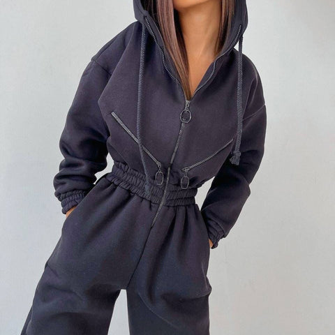 Sonicelife  Casual Women Basic Hoodie Jumpsuit Zipper Drawstring Overalls Fleece Lined Streetwear Tracksuit Solid Rompers One Piece Outfit