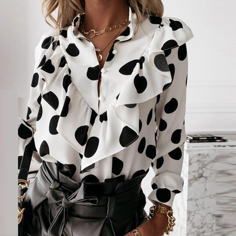 Elegant Polka Dot Ruffle Blouse Shirts Women Autumn Long Sleeve V-Neck Pullover Tops Office Lady Casual Button Plus Size