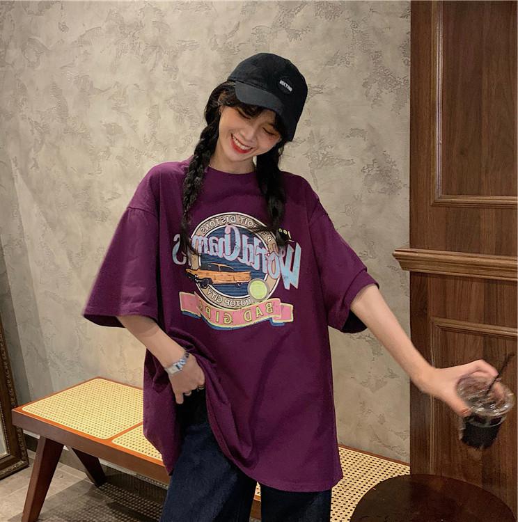 Sonicelife Round Neck Vintage Print T Shirt Oversize Aesthetic Top for Women Korean Style Stylish Clothes Cotton Short Sleeve Tees Pullover