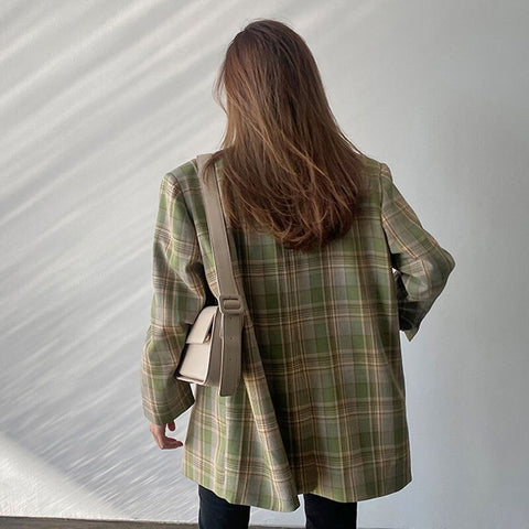 Sonicelife Jackets for Women 2024 Green Plaid Double Breasted Blazer Suit Office Ladies Pockets Female Suits Coat Spring Women's Blazers