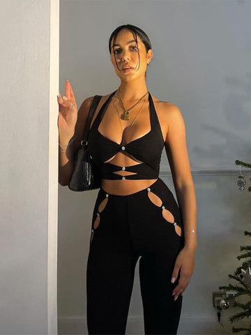 Sonicelife  Women Hollow Out Black Crop Tank Tops High Waist Long Pants Two Piece Set Suit Outfit 2022 Summer Clothes