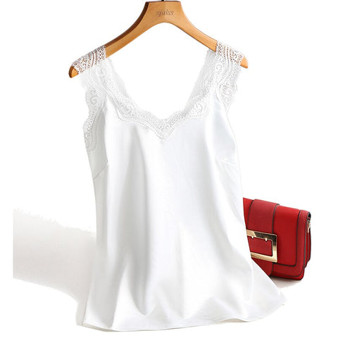 Sonicelife Lace Strap Silk Top Women  V Neck Sleeveless WhiteVest Satin Elasticity Mesh Silk Tank Tops Women Basic Plus Size Camisole