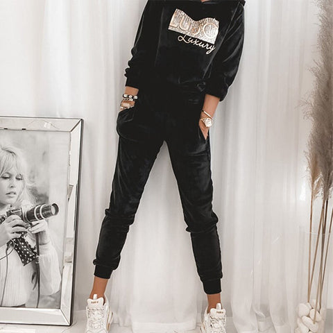 Sonicelife  Fashion Sequin Letter Print Women Tracksuit Casual O-Neck Pullover Tops Sweatshirt And Pocket Pants Elegant Velvet Two Piece Set