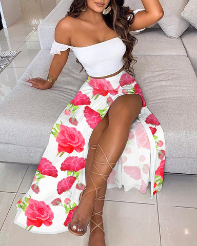 Sonicelife 2023 Summer Women Fashion Elegant Off Shoulder Ruffles Top & Floral Print High Slit Skirt Set  2PCS