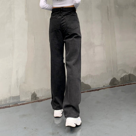 Weekeep Holes Vintage Streetwear Straight Jeans Women High Waist Fashion Baggy Slim Korean Denim Pants Streetwear Cargo Trousers