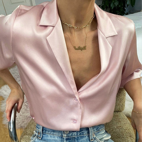 Sonicelife Women Summer  Casual Office Elegant Tops Short Sleeve Shirt Solid Color Lapel Neck Button Satin Blouse Lady Apricot/Pink