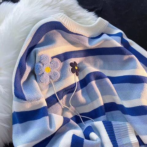 Sonicelife  Korean Style Striped Blue Oversize Sweater Women Harajuku Couple Green Crewneck Jumper Pullover Female Tops Flower