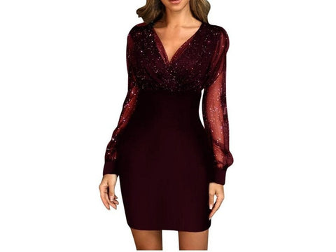 Back to school outfit Sonicelife hoco dresses  Elegant Sequins Dress Women Lace Mesh Patchwork Long Sleeve Mini Dress  V-Neck Bodycon Party Dresses Office Lady Vestidos