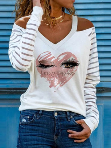 Sonicelife  Casual Women V Neck Heart Print Blouses Shirts Elegant Hollow Out Halter Pullover Tops  Striped Patchwork Long Sleeve Blusas