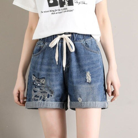 Women's Denim Shorts Loose Embroidery Pattern Wide Short Elastic Waist Summer Shorts Jeans Plus Size Clothing for Women 4xl 5xl