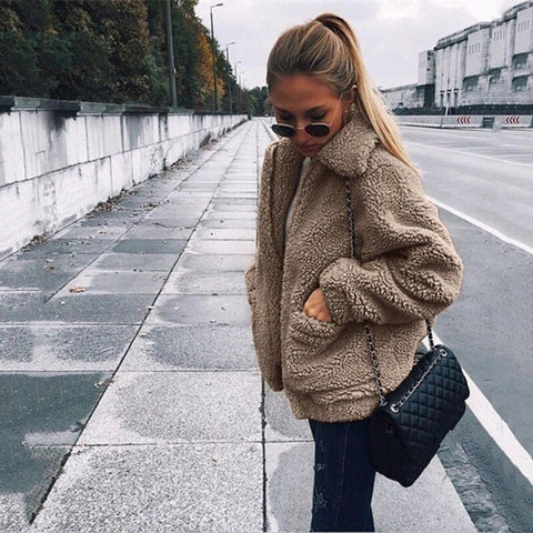 Sonicelife Elegant Faux Fur Coat Women 2024 Autumn Winter Thick Warm Soft Fleece Jacket Female Pocket Zipper Overcoat Bear Teddy Coat 3XL