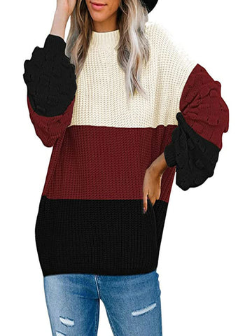 Sonicelife Elegant Women Office Lady Pullover Winter Warm Long Sleeve Knit Crochet Turtleneck Lantern Sleeve Sweater Round Neck Streetwear