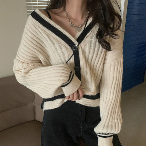 Sonicelife  Korean Style Striped Beige Oversize Sweater Cardigan Women Harajuku Grey Button Basics Solid  Jumper Female Black Tops