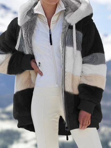 S-5Xl Women's Winter Wool Coats Jacket Street Fashion Loose Plush Multicolor  Woman Stitching Short Hooded Zip Hoodies De Mujer