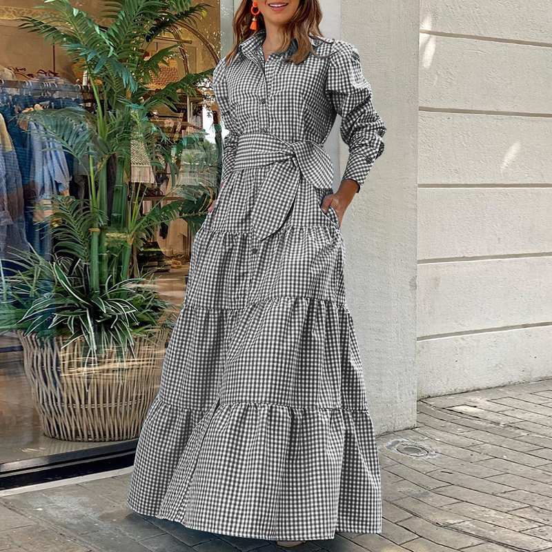 Sonicelife  Shirt Dress Women Long Sleeve Party Dresses 2024 Casual Lapel Button Vintage Belted Pockets Sundress Plaid Printed Robes