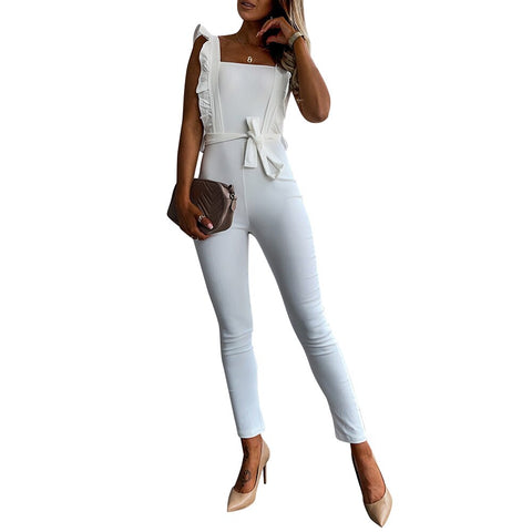 Sonicelife Women Jumpsuit Summer Casual Solid Color Slash Neck Pocket Overalls Lace-up Jumpsuit Ruffle Sleeve Slim Fit Romper with Belt D30