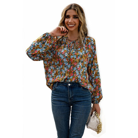 Sonicelife  Women V Neck Lace Up Floral Print Blouses Blue Long Sleeves Casual Tops 2023 Spring Summer Flower Lady Bohemian Blouses