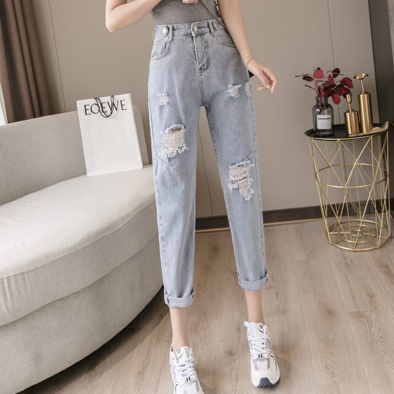 Sonicelife Woman Jeans Clothes High Waisted Ripped 2020 Summer Streetwear Baggy Wide Leg Vintage Fashion Blue Harajuku Straight Pants